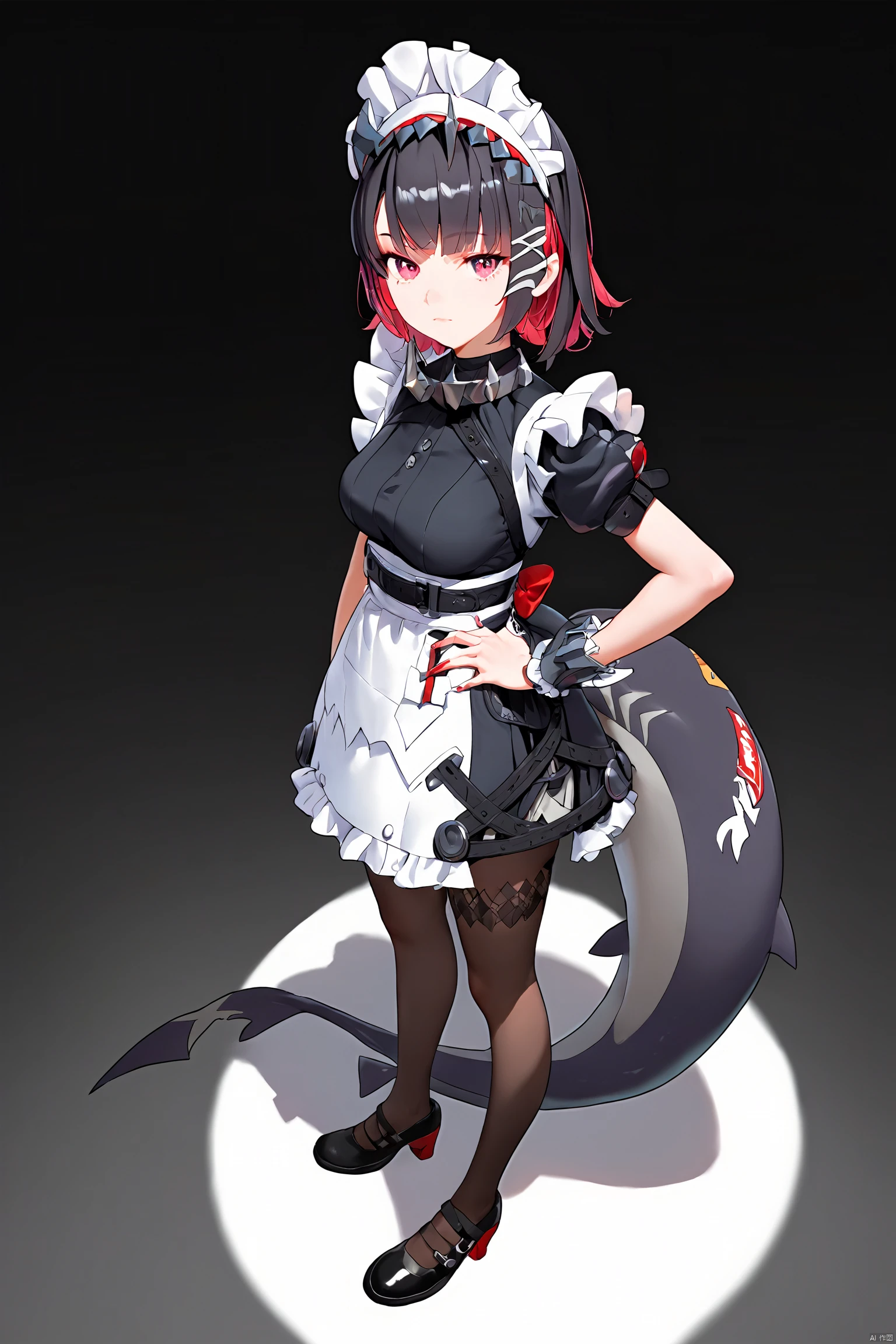 score_9,score_8_up,score_7_up,best quality,masterpiece,source_anime,8k,best quality,masterpiece,(ultra-detailed),(high detailed skin),symmetrical,(full body),white background,standing,looking back,(solo),hand on hip, Ellen Joe, maid, shark tail, (shark girl:0.5), 1girl, red eyes, tail, pantyhose, multicolored hair, black footwear, short sleeves, apron, wrist cuffs, maidheaddress, ,(white background, simple background),(beautiful_face),((intricate_detail)),clear face,((finely_detailed)),fine_fabric_emphasis,full_shot, hquan,purple eyes<lora:EMS-329131-EMS:0.800000>, <lora:EMS-316625-EMS:0.500000>