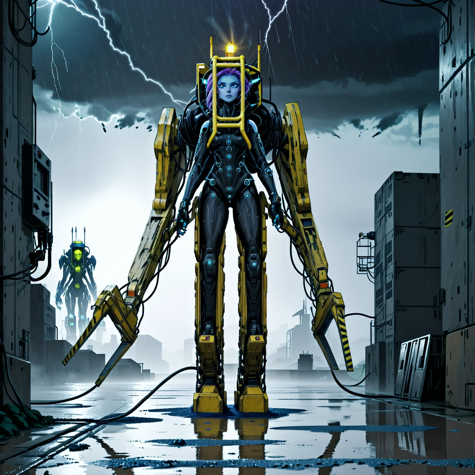 a woman piloting a pwrldr, walking across a concrete pad, outside, offworld colony, alien world, storm, rain, puddles, tooling towers, science fiction, industrial