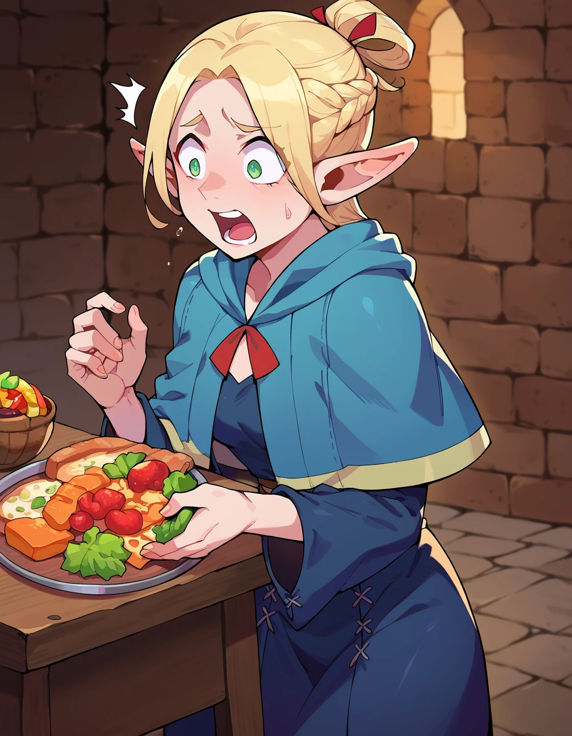 score9, score_8_up, score_7_up, colorful, vibrant, solo, <lora:Marcille:1> marcilledonato, 1girl, elf, holding staff in one hand, one hand out of frame, dungeon, stones, moss, chains,eyes closed, mouth open, yelling, distressed,  food, good looking food, hot steaming food, large text, <lora:Eastward_Countdown_Poster-000006:1> eastwardposter,