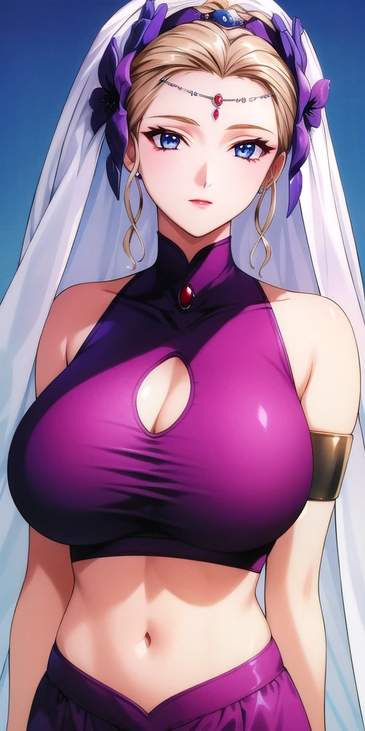 <lora:Rune_VenusV6:0.7> Rune_Venus, huge_breasts, standing, solo,  arabian_clothes_Purple_crop_top_Puffy_pants_Armlet_jewel_Cleavage_cutout, flower_headdress, circlet, veil, masterpiece, best_quality, detailed_face, detailed_eyes, highres, beautiful, detailed, absurdres,