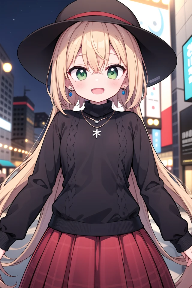 insanely detailed, absurdres, ultra-highres, ultra-detailed, best quality,
1girl, solo, nice hands, perfect hands
BREAK
(black theme:1.4), (fit body:1.3), (tight long sleeve and turtleneck (black sweater):1.4), (black heeled boots with lace-up:1.1),
BREAK
(black and red theme:1.3), ((red) high-waisted ((maxi length skirt, very long A line skirt):1.2) with [plaid pattern]:1.4), ((black) bucket hat with wide brim:1.4),
BREAK
((earrings, necklace):1.2),
(naked skin:-1), (mini skirt:-1), (legs:-1), (straw hat:-1), (red hat:-1), (green hat:-1), (white sweater:-1), (slit:-1), (belt:-1), (multiple necklaces:-1), (navel:-1), (waist:-1), (cleavage:-1.5)
BREAK
happy smile, laugh, open mouth
BREAK
(45 angle:-1.5), (from side:-1.5),
standing, cowboy shot, looking at viewer
BREAK
slender, kawaii, perfect symmetrical face, ultra cute girl, ultra cute face, ultra detailed eyes, ultra detailed hair, ultra cute, ultra beautiful
BREAK
in street, cityscape in tokyo, depth of field, ultra detailed background
BREAK
medium large breasts
BREAK
(orange hair, green eyes), short hair, hair between eyes
