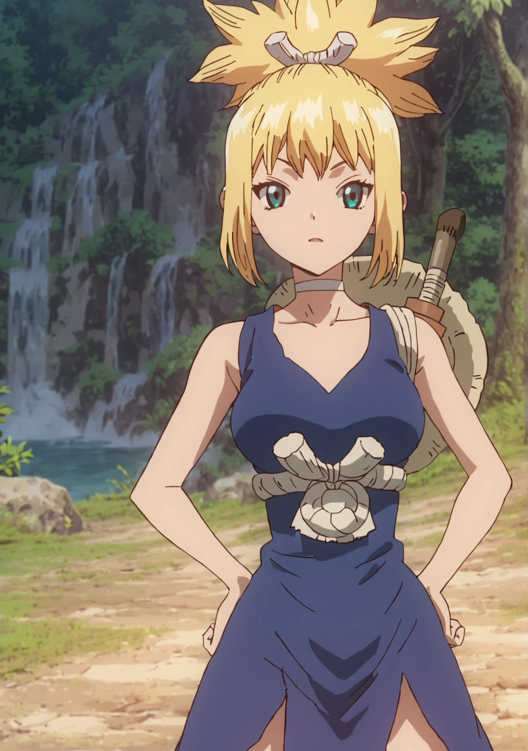 score_8_up, score_7_up, anime screenshot, looking at viewer, cowboy shot,
<lora:Kohaku (Autism Mix XL):0.8> 1girl, kohaku \(dr. stone\), blonde hair, ponytail, choker, green blue eyes, kohakudress, blue dress,
BREAK
contrapposto, looking, hand on hip,