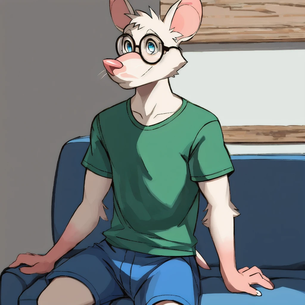 <lora:Ian_Simmaus:1>, ian_simmaus, clothed, glasses, green_shirt, blue_shorts, living_room, sofa, sitting, sitting_on_sofa, solo, by Yuumei, by Jijis-Waifus