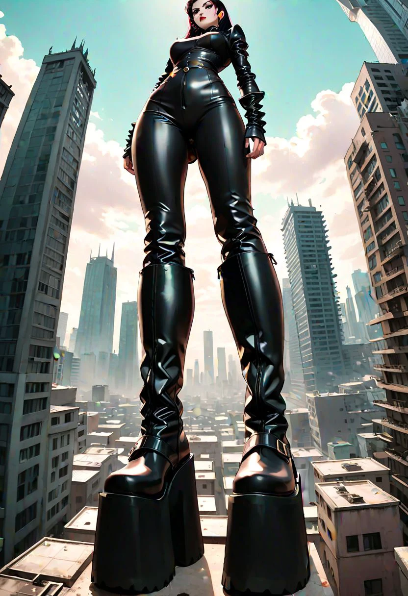 A hero view of tall female demon dominatrix wearing extreme platform boots towering over a tiny city, view from below, done in an anime style.