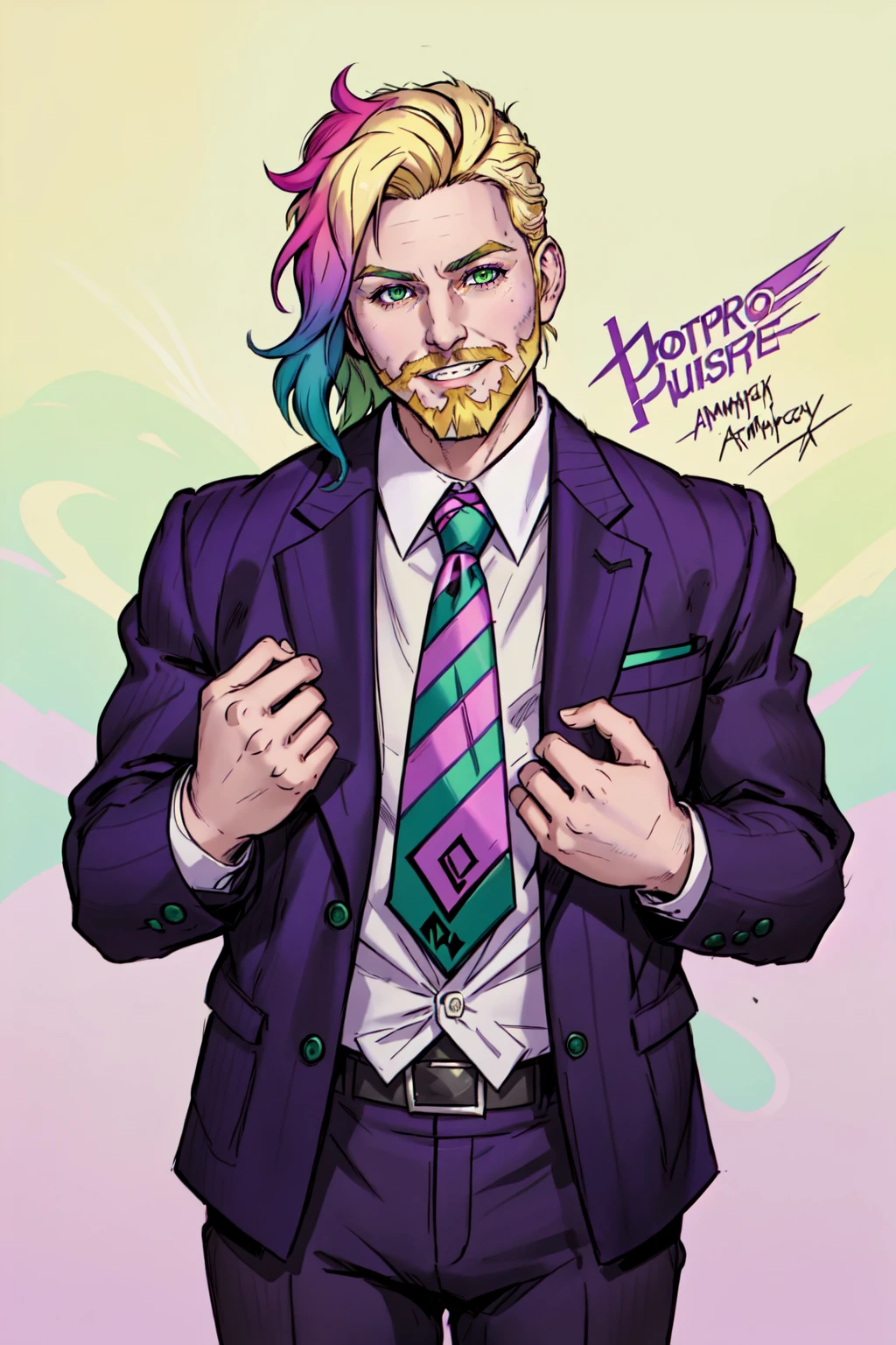 masterpiece, official art, 1boy, male focus, solo, facial hair, necktie, smile, beard, grin, gradient hair, multicolored hair, dyed bangs, blonde hair, purple hair, green hair, purple eyes, green eyes, heterochromia, formal, looking at viewer, prison clothes, striped suit, suit, indoors, office building, in the style of corporate punk, extremely detailed, art by Jack Kirby and Adam Hughes and Terry Dodson, award winning movie poster, in the style of Beetlejuice, because fuck corporations, oh and genocide is evil