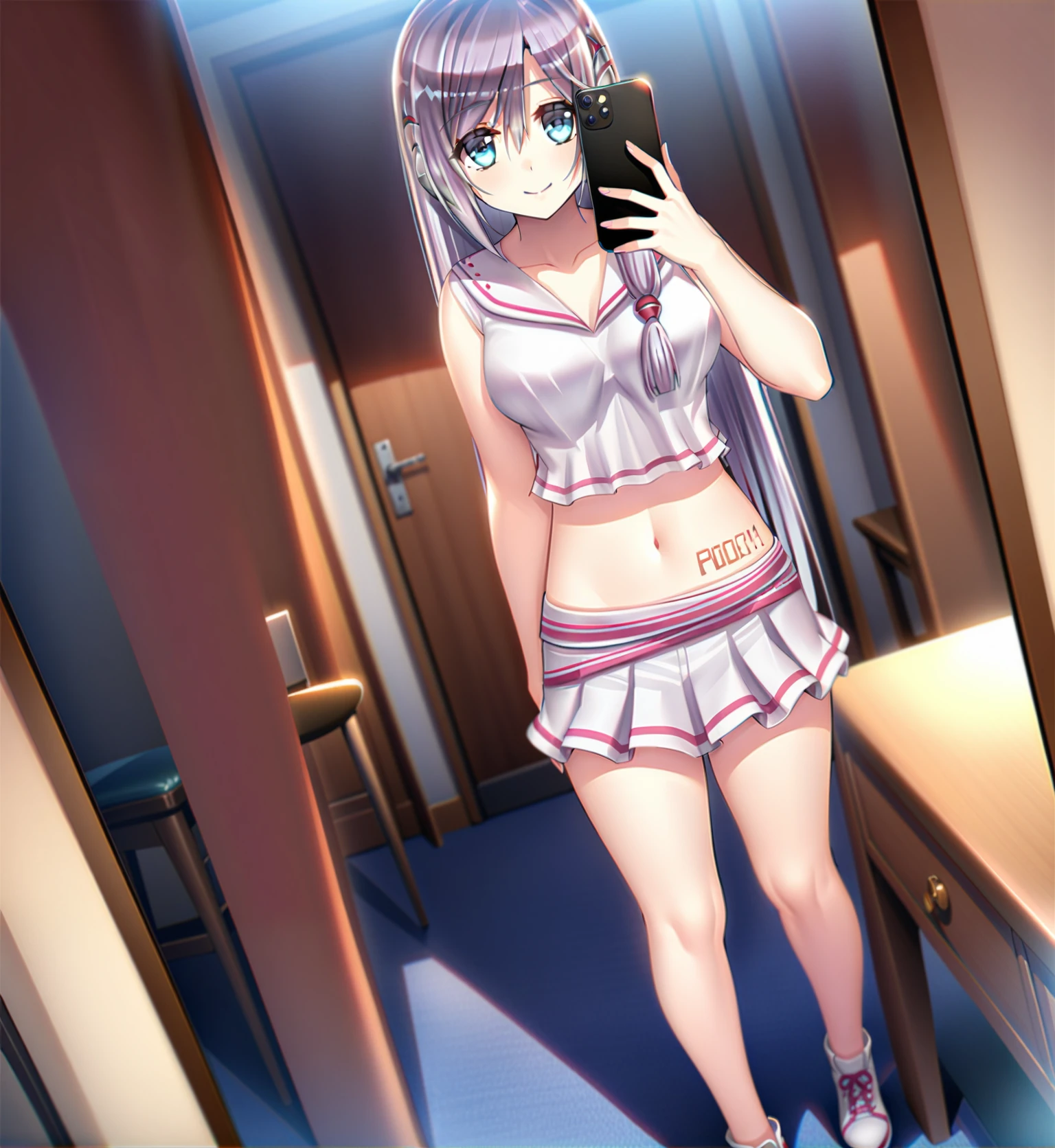 ((masterpiece)),(((best quality))),((extremely detailed)),hdr,1girl,solo,<lora:ä¿®æFixhands_anime_bdsqlsz_V1:0.7>,lucy,(midriff:1.1),full body,<lora:lucy-000010:1>,mirror selfie,
