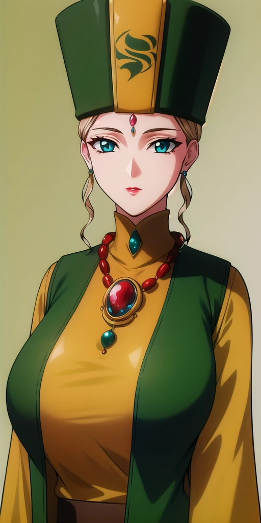 <lora:Rune_VenusV6:0.7> Rune_Venus, huge_breasts, standing, solo,  Yellow_turtleneck_robe_Green_sleeveless_coat_Green_hat_Neck_jewel_Bead_necklace_pendant_Wide_sleeves, masterpiece, best_quality, detailed_face, detailed_eyes, highres, beautiful, detailed, absurdres,