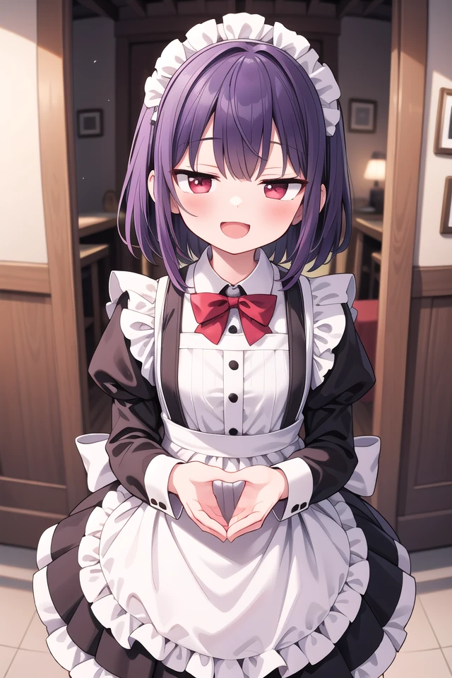 insanely detailed, absurdres, ultra-highres, ultra-detailed, best quality,
1girl, solo, nice hands, perfect hands
BREAK
(cleavage:-1.5),
(traditional maid:1.2),
apron, blush, bow, bowtie, frilled apron, frills, long sleeves, maid, maid apron, maid headdress, waist apron, white apron,
(maid costume, maid hair dress:1.3), long skirt
BREAK
happy smile, laugh, open mouth
BREAK
from above,
standing, cowboy shot, looking at viewer
BREAK
slender, kawaii, perfect symmetrical face, ultra cute girl, ultra cute face, ultra detailed eyes, ultra detailed hair, ultra cute, ultra beautiful
BREAK
fantasy world, in castle, indoors, antique interior, depth of field, ultra detailed background
BREAK
medium large breasts
BREAK
(purple hair, red eyes), medium hair, hime cut
