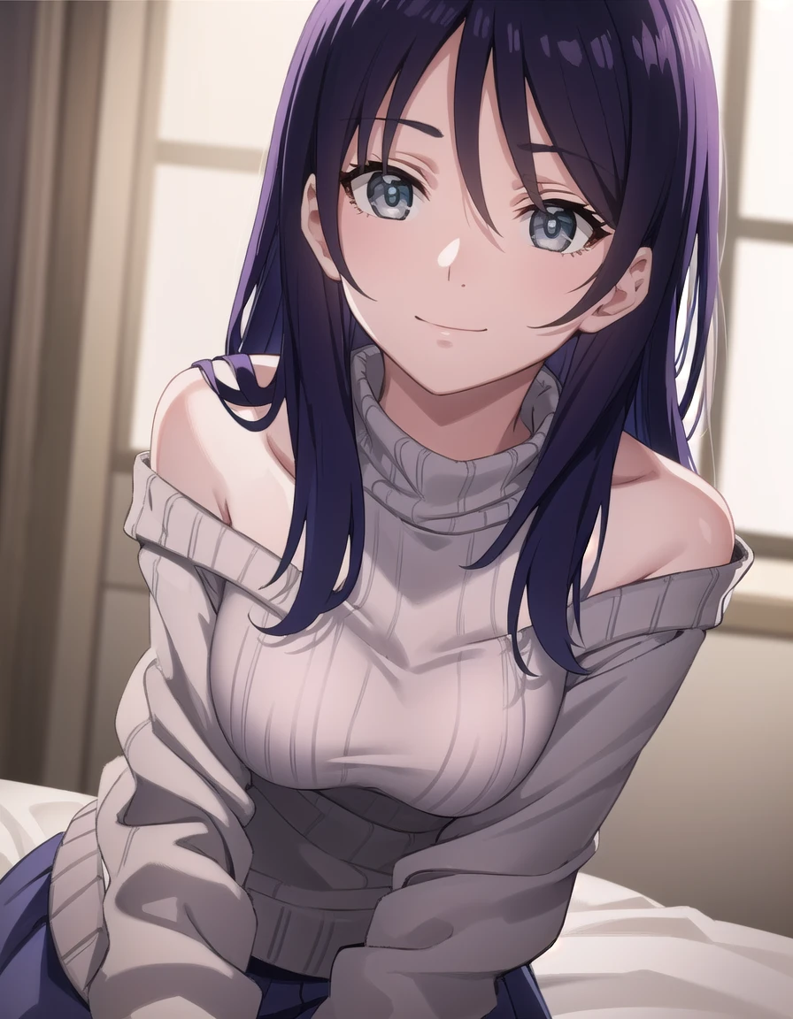 yurikotobiki, <lora:yuri kotobiki-lora-nochekaiser:1>,
yuri kotobiki, long hair, black hair, (grey eyes:1.3),
BREAK off shoulder, sweater, purple sweater, skirt, white skirt,
BREAK indoors, bed, bed room, smile,
BREAK looking at viewer, (cowboy shot:1.5),
BREAK <lyco:GoodHands-beta2:1>, (masterpiece:1.2), best quality, high resolution, unity 8k wallpaper, (illustration:0.8), (beautiful detailed eyes:1.6), extremely detailed face, perfect lighting, extremely detailed CG, (perfect hands, perfect anatomy),