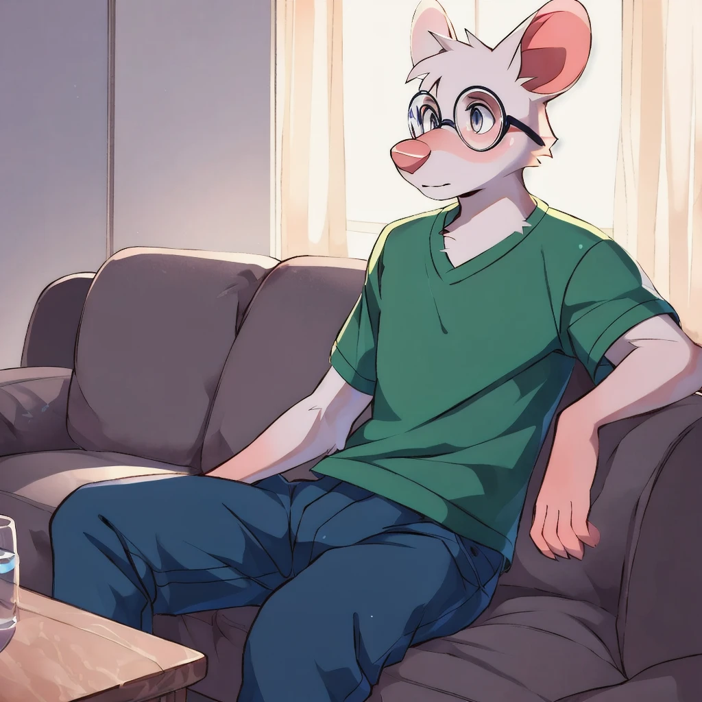 <lora:Ian_Simmaus:1>, ian_simmaus, clothed, glasses, green_shirt, blue_shorts, living_room, sofa, sitting, sitting_on_sofa, by Fumiko, by Makoto Shinkai, by Kaeritai07