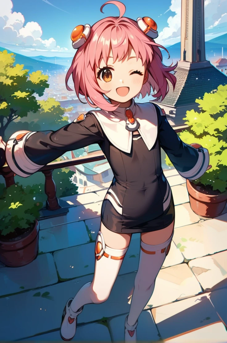 score_9, score_8_up, score_7_up, very aesthetic, source_anime, detailed, high quality, beautiful, masterpiece, detailed eyes,
<lora:lightXL:0.7>
city view, sakura tree,
cowboy shot, close up, dynamic angle,
flat chest, smile, wink, open mouth, dynamic pose,
<lora:momo1_autismConfetti_v01:0.95>
m.o.m.o., 1girl, pink hair, short hair, hair ornament, ahoge, brown eyes,
black dress, short dress, white thighhighs, zettai ryouiki, white footwear, long sleeves,, zPDXL