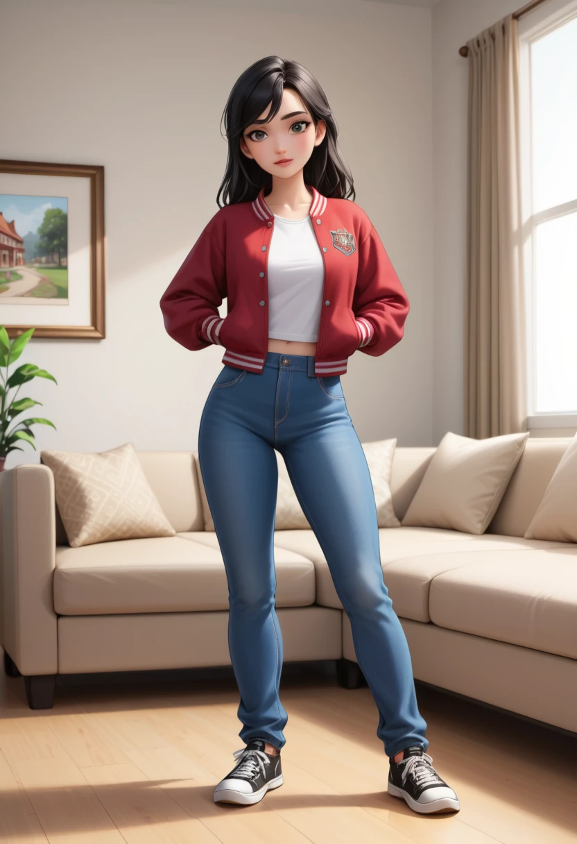 score_9, score_8_up, score_7_up, score_6_up, score_5_up, score_4_up mulan, black hair, letterman jacket, jeans, living room