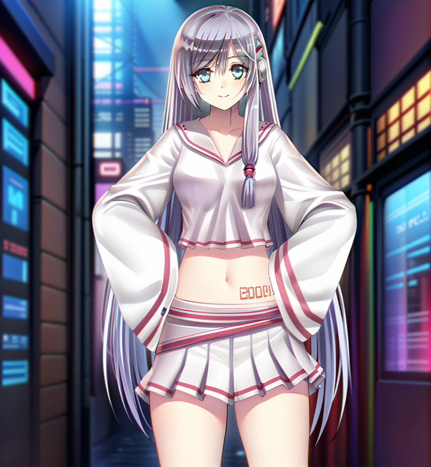 ((masterpiece)),(((best quality))),((extremely detailed)),hdr,1girl,solo,<lora:ä¿®æFixhands_anime_bdsqlsz_V1:0.7>,lucy,<lora:lucy-000010:1>,cyberpunk,full_shot,(midriff:1.1),hands on hips