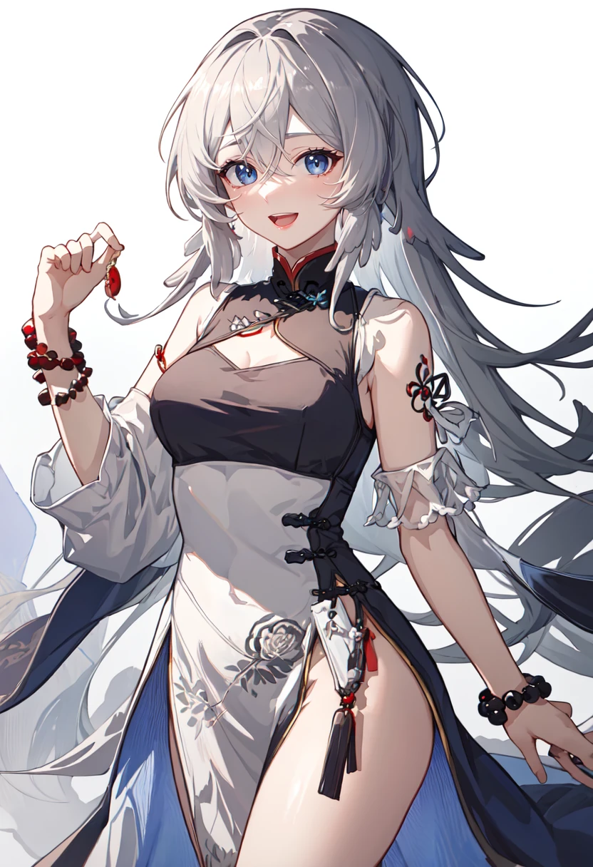 best quality, masterpiece, highres, solo, (mulberry_arknights:1.10), bare shoulders, bead bracelet, beads, china dress, chinese clothes, dress, jewelry, looking at viewer, sleeveless, sleeveless dress, bracelet, smile, medium breasts, thighs, cowboy shot, :d, open mouth, 22 <lora:mulberry_arknights:0.80>