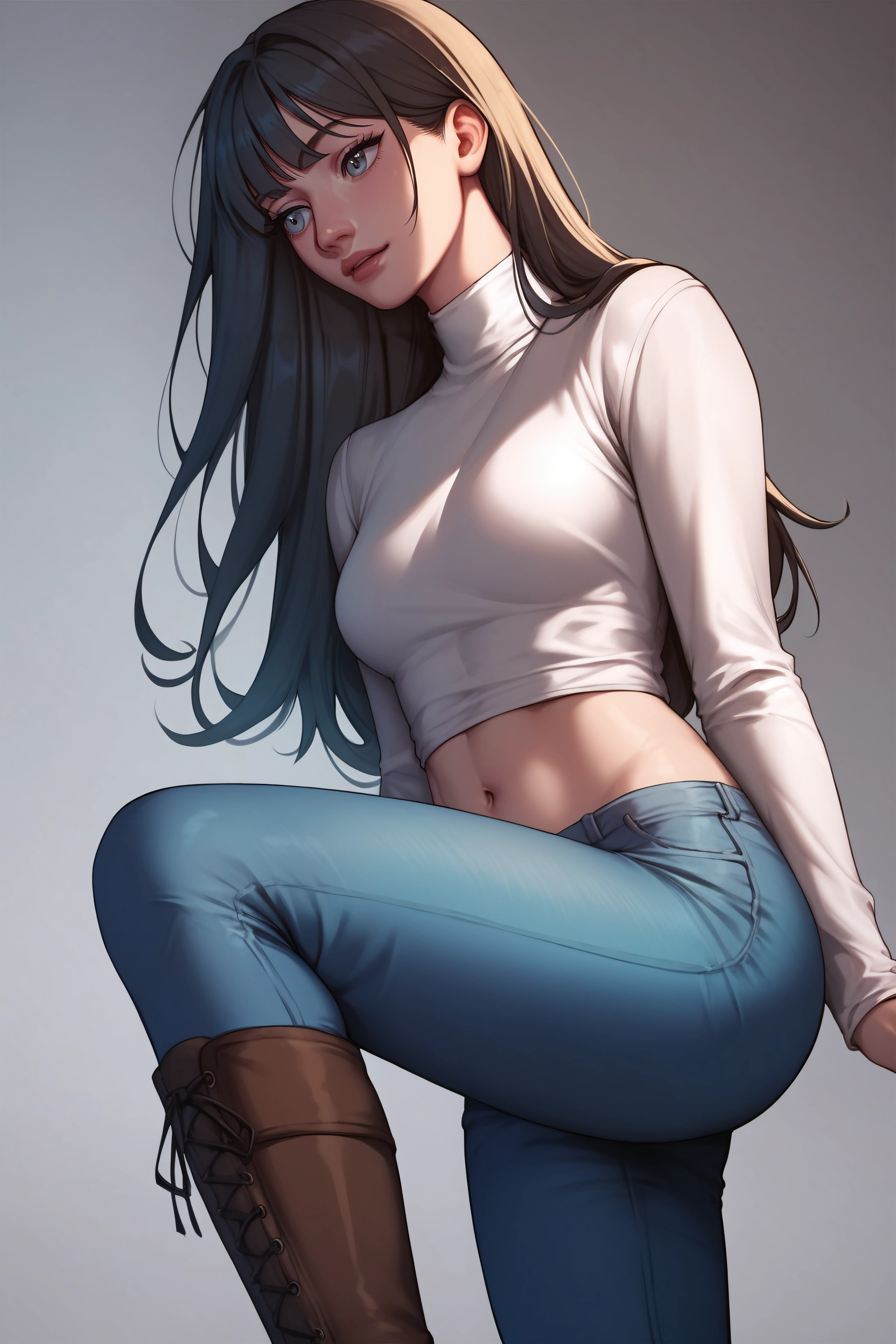 score_9, score_8_up, score_7_up, <lora:Kang Yuna-PonyXL-lora-faxtron:0.8> kang yuna, blueish-gray eyes, black hair, long hair, medium breasts, navel, black turtleneck,  long sleeves, blue jeans, brown knee boots,