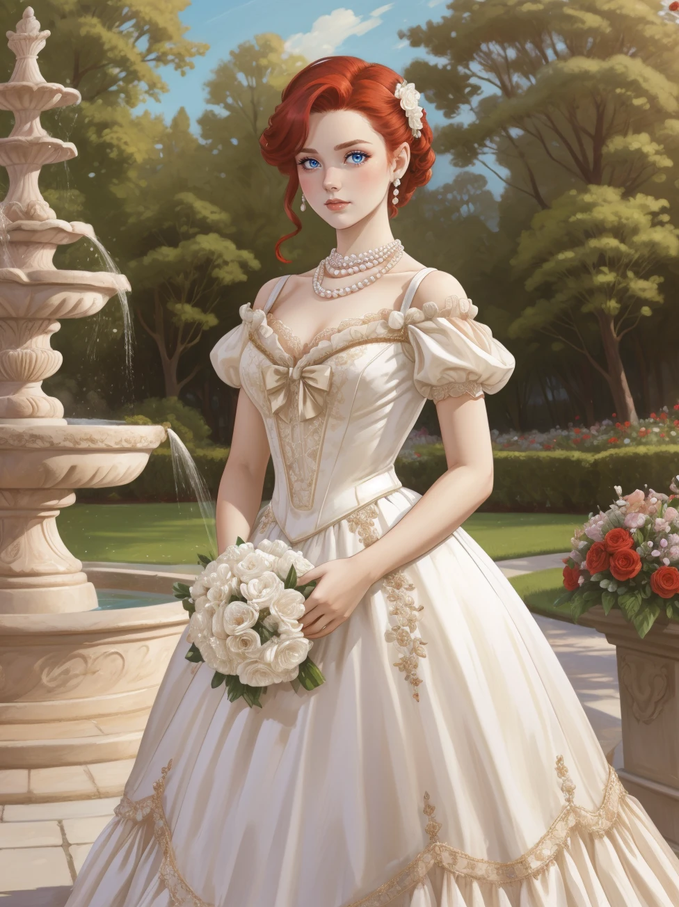 red hair, adult female, front view, portrait, holding bouquet, highres, 8k, eyeliner, eyeshadow,HUD_Wht_Gwn, off-shoulder, Edwardian era satin white dress, long dress, puffy short sleeves, flower, fitted bodice, pearl necklace, chest bow,  lace appliques. <lora:HUD_Wht_Gwn:0.7>, outdoor garden with fountain