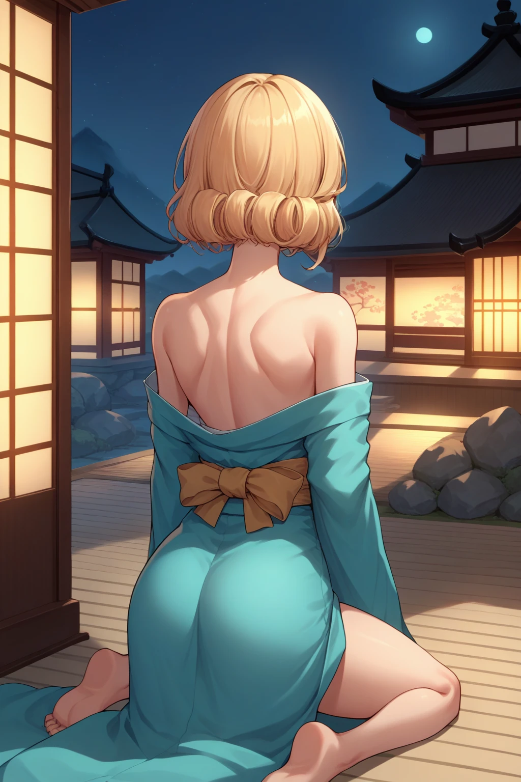 blonde, (micro bikini), (kimono,half undress:1.3), (makeup, eyeshadow, lipstick, lip, she's turned around with her back facing and hands grabbing her big buttocks on her hands and knees:1.1), false lashes, dark blush, shiny skin, sweat skin, glossy skin. Masterpiece, best quality, captures a super cute moment, depth of field, ultra detailed, ultra high resolution, Octane, 3D modeling, 8k, 16k, (naked bare breasts, dynamic pose. Luminous. 4k)