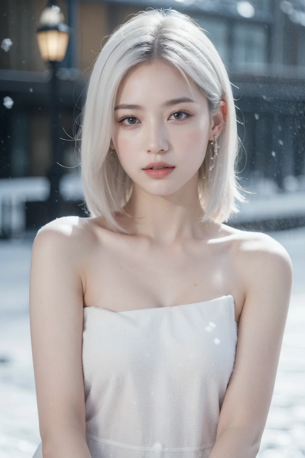 (realistic), (hyperrealism),best quality, masterpiece,ultra high res, (photorealistic:1.4),1girl,pale skin,skinny,(looking at viewer),bare shoulder, (white hair,) snowing outdoor, looking at viewer,
upper body,