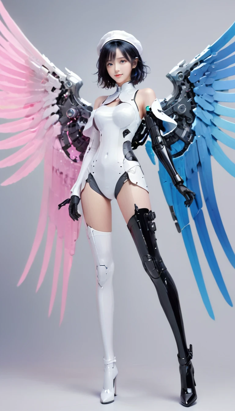 <lora:xl-shanbailing-0112yin_yang:0.75>,left and right different colors,(1girl:1.2),wings,(solo:1.2),left blue right pink,color patches,contrast,
with a futuristic wing,1girl,solo,mechanical wings,breasts,black hair,wings,hat,long hair,bodysuit,science fiction,eyeshadow,smile,single mechanical arm,gloves,white headwear,two-tone hair,gradient,crossed arms,bangs,gradient background,beret,grey hair,asymmetrical clothes,mecha musume,cowboy shot,