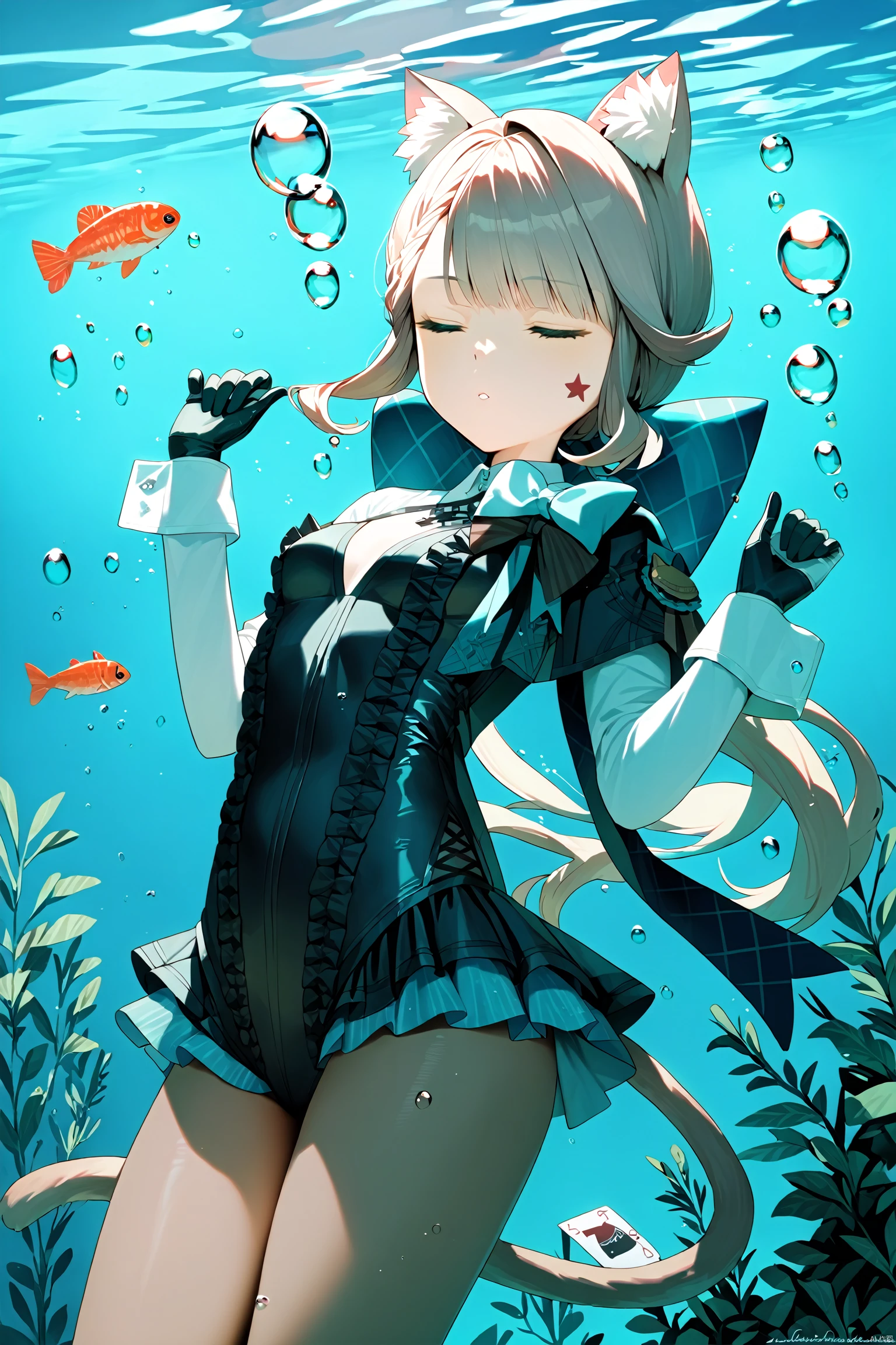 score_9,score_8_up,score_7_up,best quality,masterpiece,source_anime,
masterpiece, best quality,8K,detailed,(good hands:0.5),
1girl, animal ears, cat ears, solo, pantyhose, closed eyes, underwater, card, fish, bow, long hair, frilled leotard, gloves, air bubble, long sleeves, cat girl, bubble, black pantyhose, leotard, breasts, black gloves, parted lips, frills, black leotard, cat tail, submerged, two-tone gloves, animal ear fluff, small breasts, playing card, cowboy shot, star \(symbol\), hands up,lnt, def clothe, 
<lora:EMS-330673-EMS:0.800000>