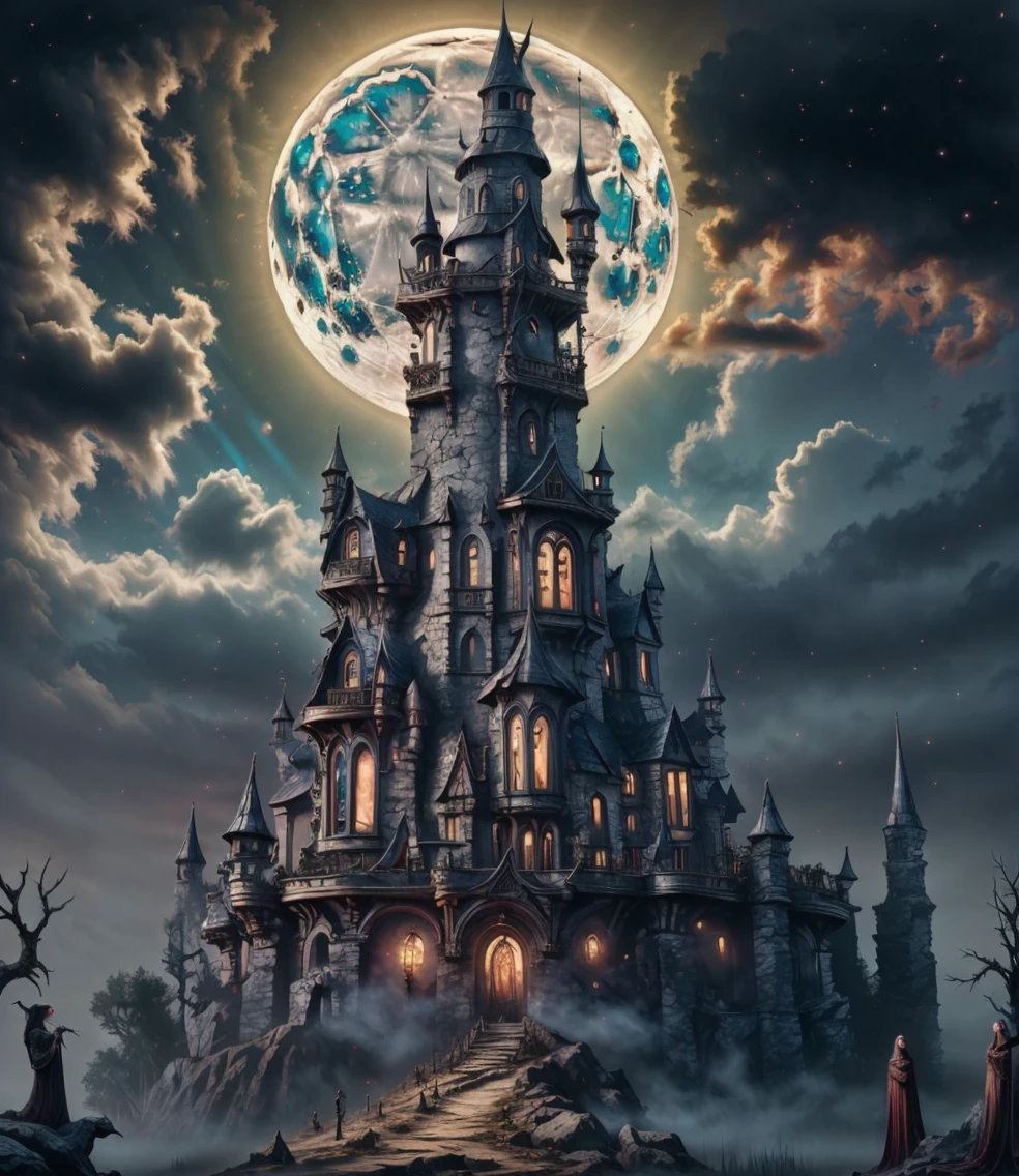 (masterpiece:1.2), (best quality,:1.2), 8k, HDR, ultra detailed, ((photorealistic)), professional light, cinematic lighting, fashion photography, ambient lighting, atmospheric effects,  <lora:detail_slider_v4:1>, witow, a dark gothic wizard castle on a hill in in a sinister city, moon, clouds, fog,  <lora:Wizard_Tower:1>, epiCPhoto