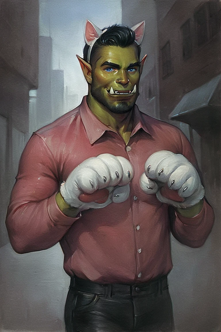 score_9, score_8_up, score_7_up, rating_safe, traditional media, realistic, orc, green skin, tusks, facial hair, beard, mustache, black hair, blue eyes, pink shirt, collared shirt, long sleeves, black pants, muscular, 1boy, solo, male focus, mature male, fake animal ears, animal ears, cat ears, white cat ears, paw gloves, white paw gloves, cat paws, paw pose, smile, looking at viewer, cowboy shot, standing, outdoors, city, building <lora:Ð¡osmic Void Style LoRA_Pony XL v6 ALT:0.7>