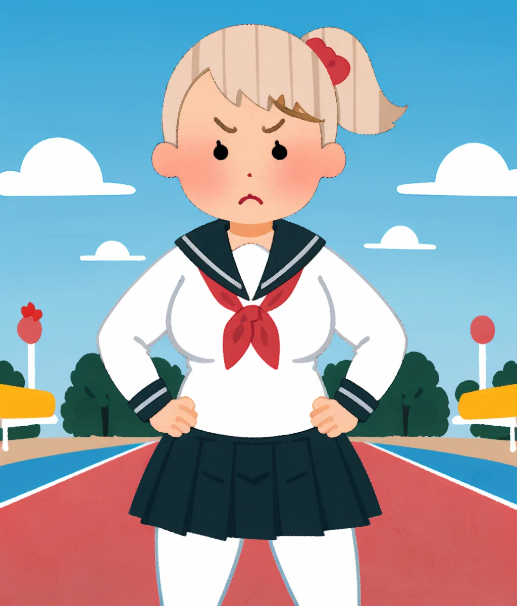 1girl,solo,big breasts,cleavage,thick thighs,curvy,(white serafuku:1.1),pleated skirt,(white pantyhose),black eyes,high ponytail,(platinum blonde hair:1.1),blush,angry,looking at viewer,hands on hips,cuteg,playground,blue sky and white clouds,vector trace,Irasutoya,<lora:Style_Irasutoya_v1.0:0.8>,