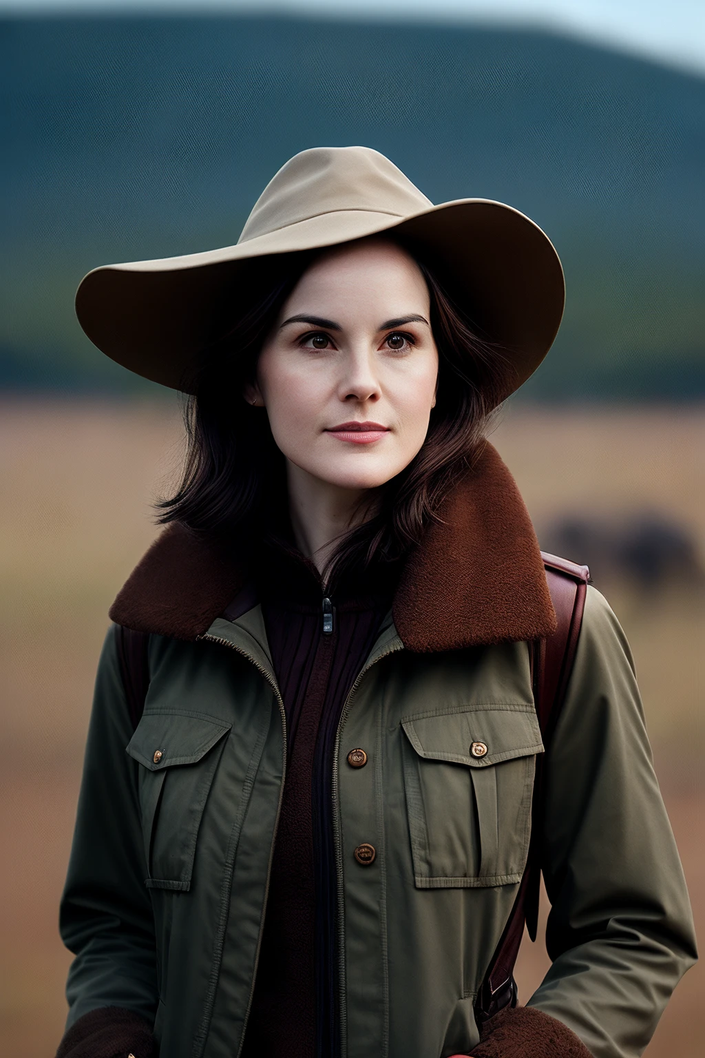 MichelleD_SoloTI_v1, PA7_Portrait-MCU,(happy,smile), (Decked out in practical khaki safari attire with cargo pants and a safari jacket, accessorized with a wide-brimmed hat and binoculars slung over her shoulder), (Trekking through the untamed wilderness of the savanna, with majestic wildlife roaming freely and the rhythmic beat of tribal drums echoing in the distance, where every corner holds the promise of thrilling adventure and untamed beauty: 1.3) (seductive:1.3),(analog, cinematic, film grain, hazy atmosphere, cinematic shot:1.3), <lora:add_detail:0.6>,<lora:LowRa:0.4>