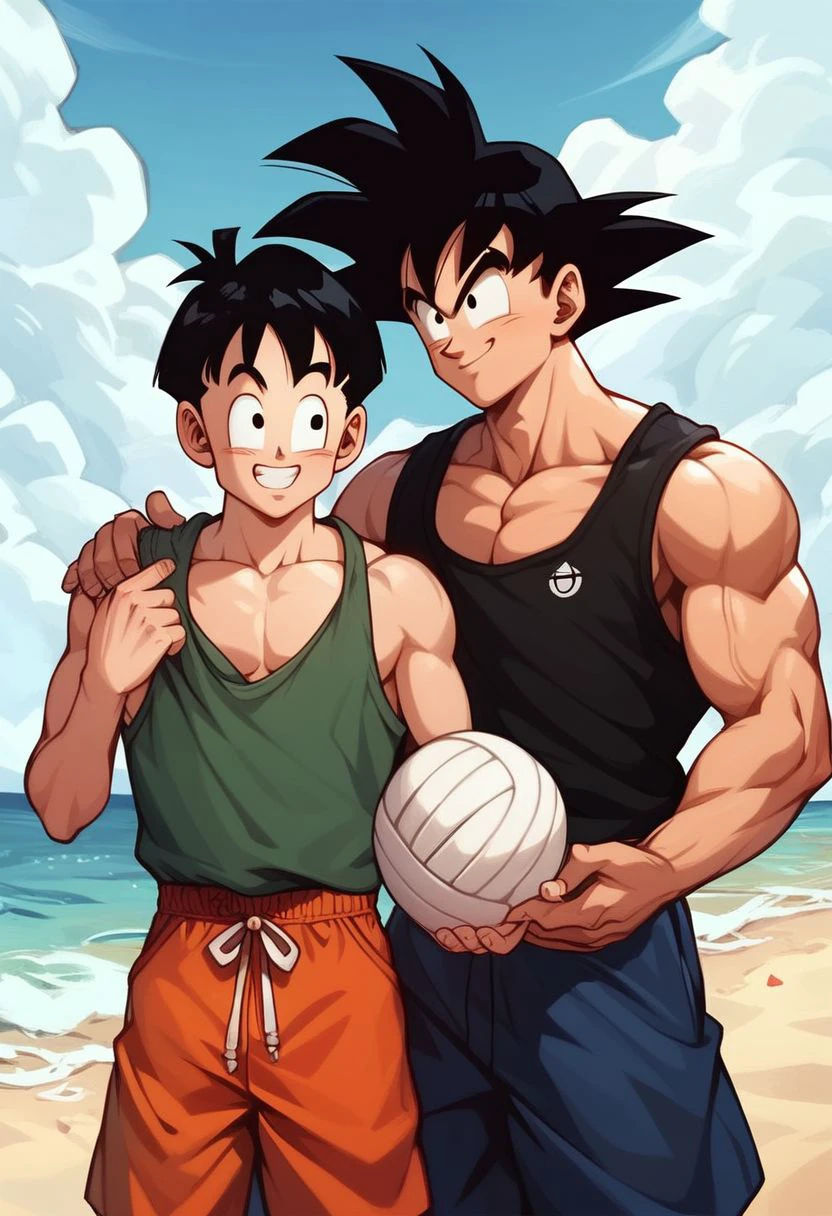 ASCIIscore_9, score_8_up, score_7_up ,score_6_up, draw 2boys at the beach, Goku, perfect face:02, big smile, black hair, spiky hair, open shirt, pectorals, playing volleyball with Gohan, perfect face:02, big smile, black hair, happy, black eyes, detailed, in focus face, masterpiece, father and son, age difference, size difference, tank top, swim trunks, barefoot, pectorals