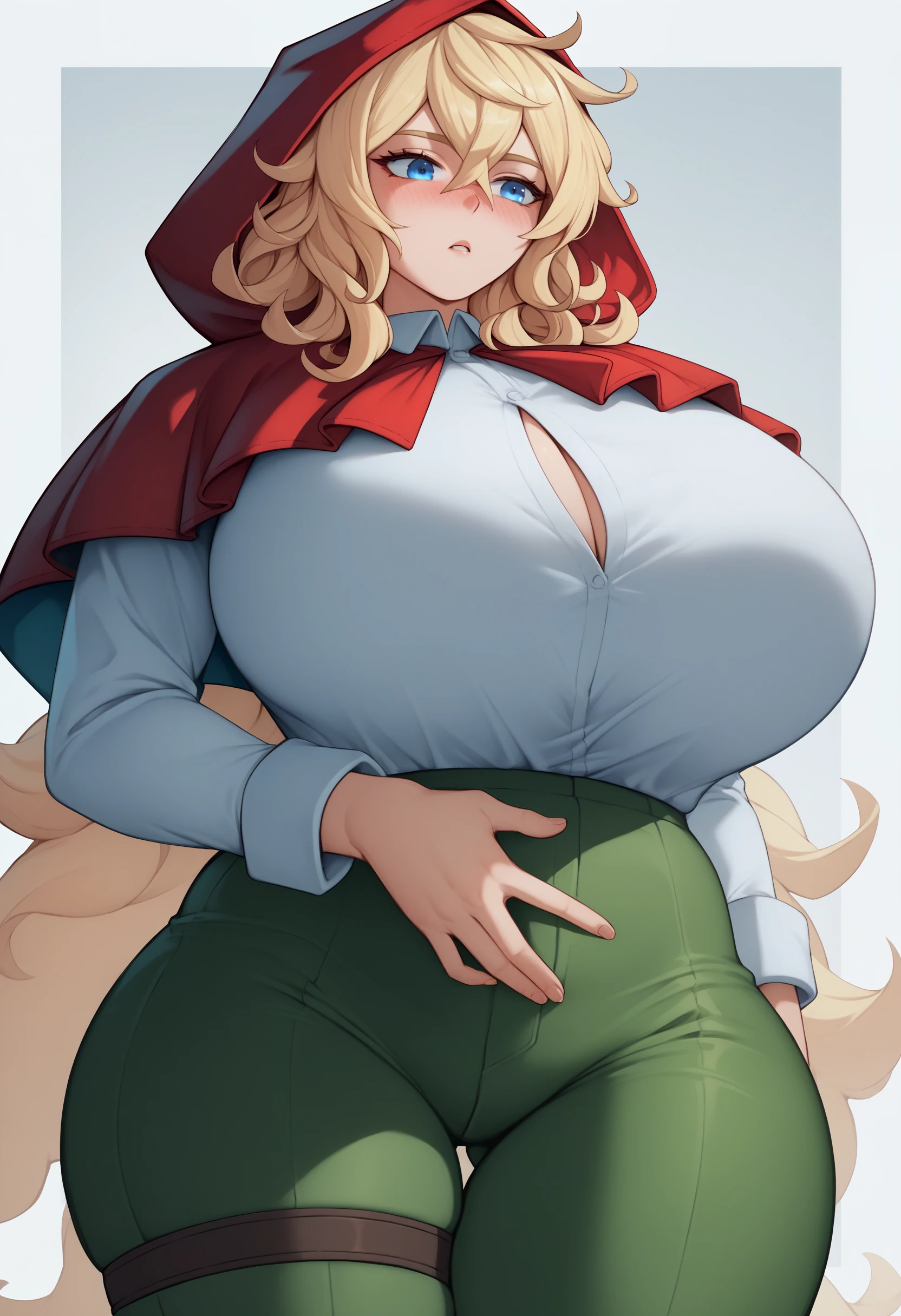 (Masterpiece, best quality, highres, realistic:1.3), young age (nervous:1.2) woman, (gigantic breasts:1.7), (bursting breasts:1.4), (thin:1.2) (detailed face, beautiful face), (red hooded cloak:1.2), skimpy white lace dress, (ripped torn clothes), skirt, blonde hair, dark forest, fantasy, (dynamic)