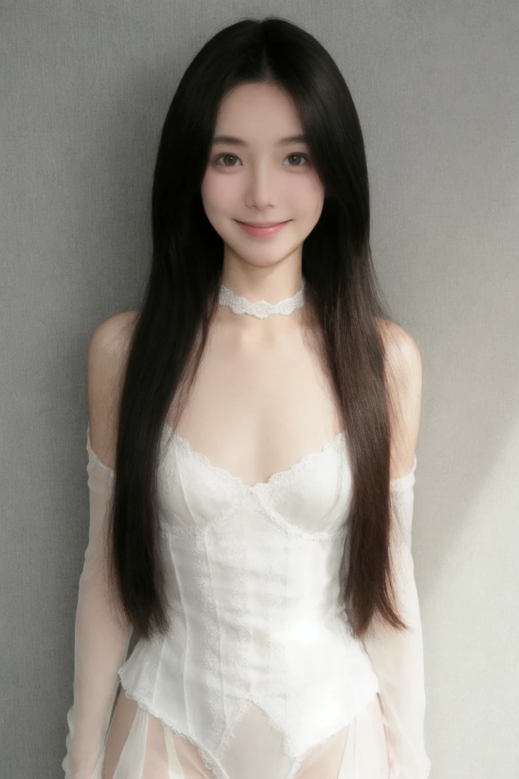 A girl,wedding dress,14 year old,bangs bangs,Upper body,(White background),Armpit,(Black straight long hair),(raise both hands),(tiara)