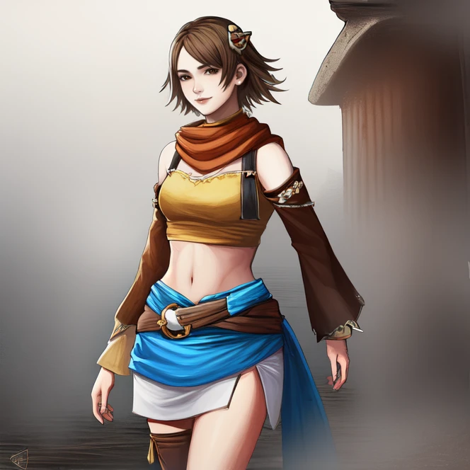 <lora:kisalaRogueGalaxy:0.65>, kisala, brown hair, midriff, navel, short hair, spiky hair, brown hair, brown eyes, thin eyebrows, (yellow top, crop top), detached sleeves, leather straps, yellow collar, (short skirt, light blue skirt, skirt slits), (scarf around hips, scarf around waist, waist cloth), (asymmetrical socks, asymmetrical legwear, light brown socks, thighhighs), hair decorations, silver hair ornaments, jewelry, cowboy shot, solo, smile, highres, Digital art, trending on artstation, best quality, insanely detailed, masterpiece, stunning environment, wide-angle,