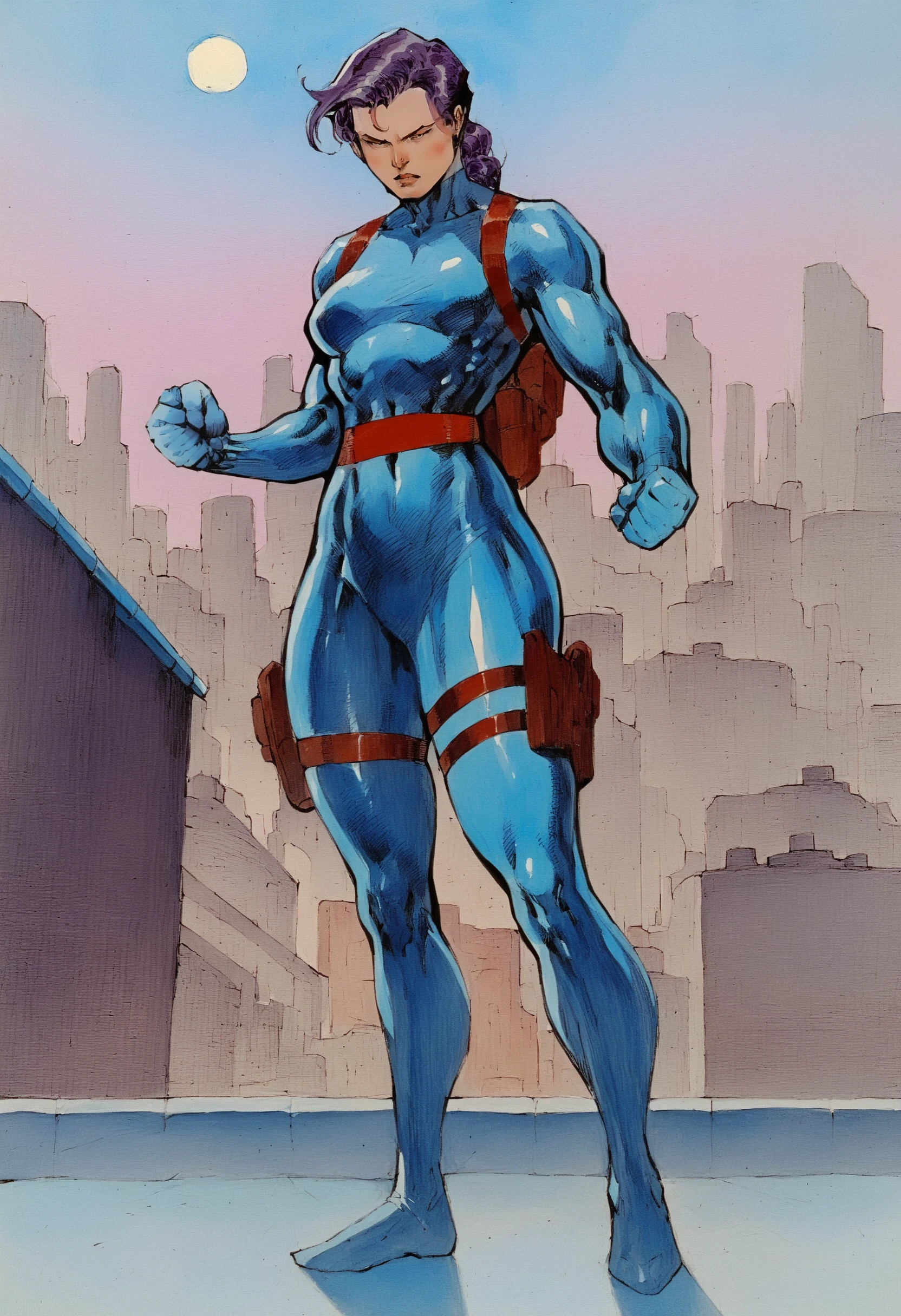 score_9, score_8_up, score_7_up, in j_lee artstyle, 1girl, solo, clenched fists, full body, blue bodysuit, elbow gloves, thigh holster, red belt, purple hair, thigh straps, standing, rooftop, full moon, traditional media, <lora:Jim_Lee_Style_LoRA_Pony:1>