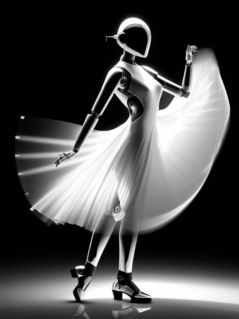 dynamic pose, dynamic angle, motion blur, flowing fabric, r4gdr01d, b4ckl1t, back lighting, intense backlight, (silhouette:0.5), a gynoid robot in a translucent  dress is dancing, twirling  a white semitransparent sheet in her hands, black and white photo, wind, figuration libre, chrome skin, robot joints, face seams, calbles, wires, bob cut hairstyle  <lora:Backlit_Clothes_XL:1>
 <lora:Droids_Wearing_Clothes_XL_-_Panache:1>