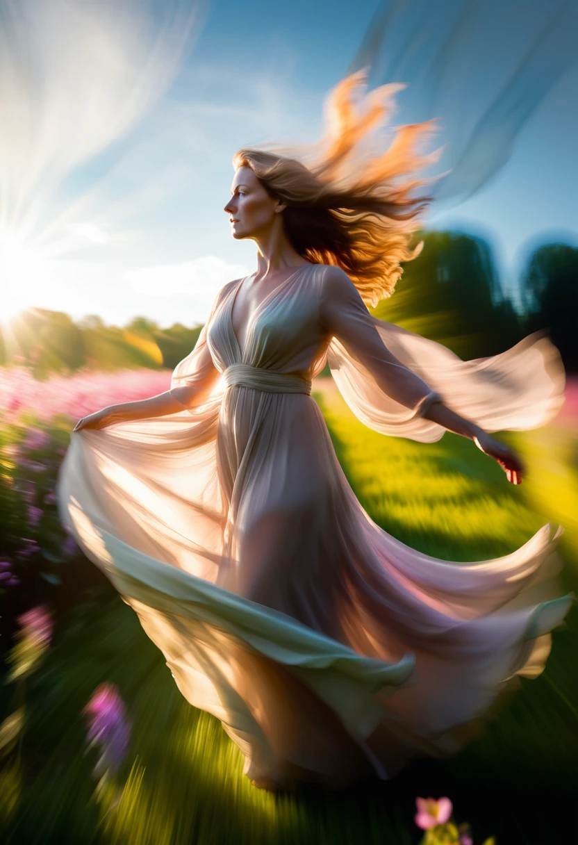 (half length, medium closeup:1.3), b4ckl1t, shapely  woman, early 40s,  standing in a field of flowers with her hair blowing in the wind and sun shining through the leaves,  flowing semitransparent dress, (nipple silhouette:0.5), flowing fabric, beautifully backlit, an impressionist painting, art photography, bokeh, slow shutter, anamorphic lens distortion, slim waist, low sun directly behind subject<lora:Backlit_Clothes_XL:0>