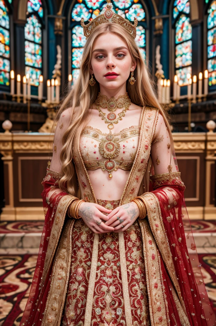 tv_Astrid_MXAI, , , clever expression, wearing an ornate wedding dress, elegant makeup, pink lips, standing by the altar, ornately detailed glass mosaic in the background, ((full body shot)),, 8k resolution, highres, high detail, sharp focus, detailed skin, 8k uhd, bokeh, analog photography
