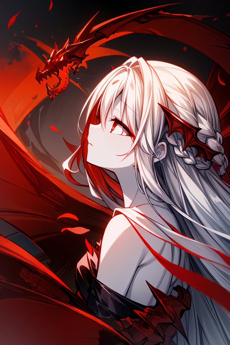 (red dragon theme:1.3),best quality,Epic,highly detail,Illustration,Cover,enigmatic figure,draped in translucent fabric,crystals adorning hair,dreamlike swirl,pastel hues,soft light,evoking calm serenity and elusive beauty,Non-representational,colors and shapes,expression of feelings,imaginative,highly detailed, long_hair,red_eyes,white_hair,from_side,dominatrix,pale skin,shiny skin,model,cupid mouth,dreamlike,album cover,(detailed light),feather, leaves, nature, (sunlight), river, (forest),(bloom),((dragon)), ((dragon background)),