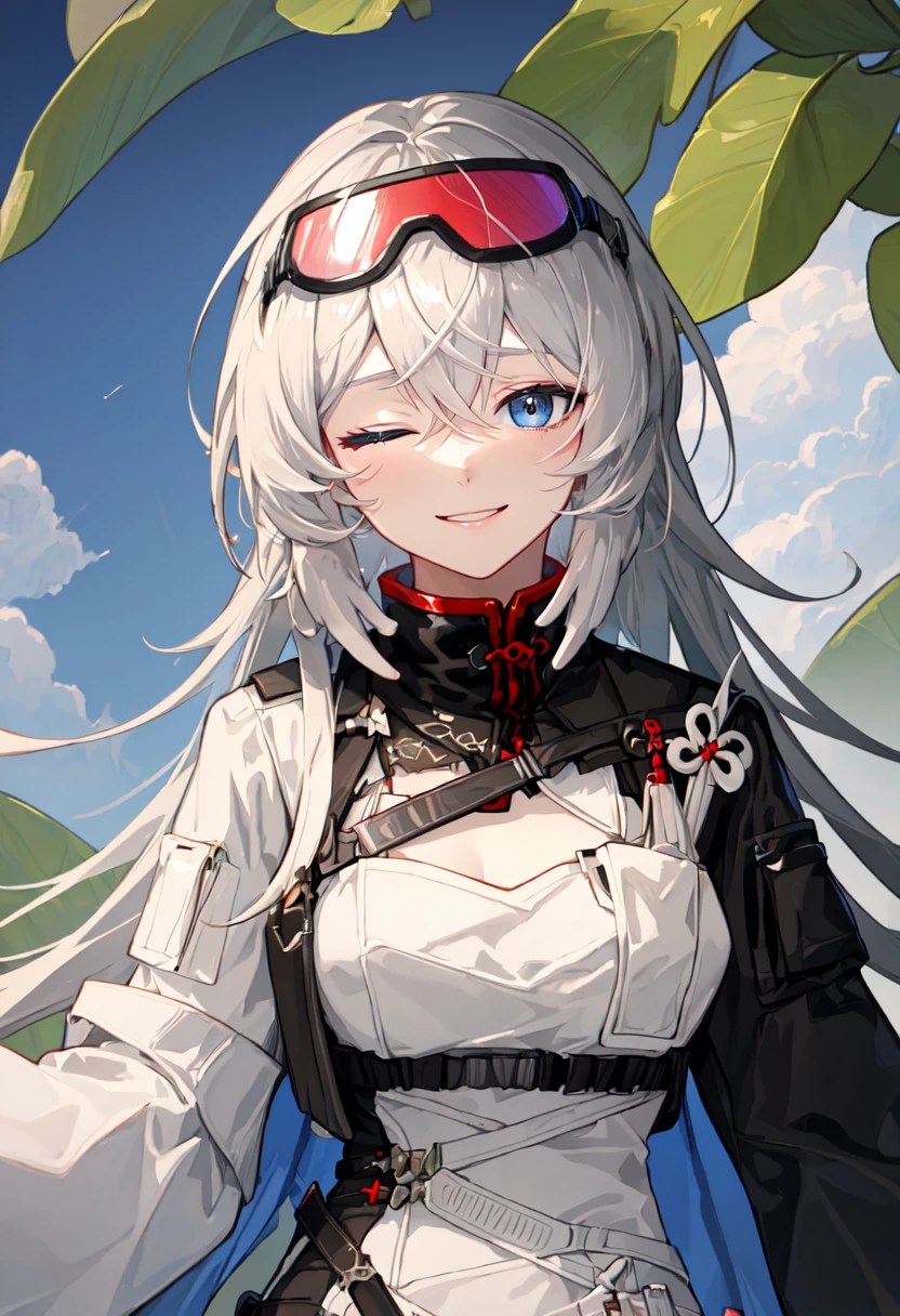 best quality, masterpiece, highres, solo, (mulberry_arknights:1.10), smile, happy, one eye closed, portrait, looking at viewer, 32 <lora:mulberry_arknights:0.80>