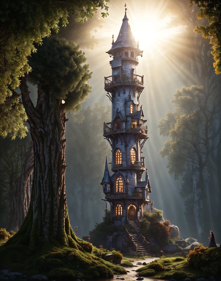 (masterpiece:1.2), (best quality,:1.2), 8k, HDR, ultra detailed, ((photorealistic)), professional light, cinematic lighting, fashion photography, ambient lighting, atmospheric effects,  <lora:detail_slider_v4:1>, witow, a magical wizard tower in the forest, sunlight, godrays,  <lora:Wizard_Tower:1>, epiCPhoto