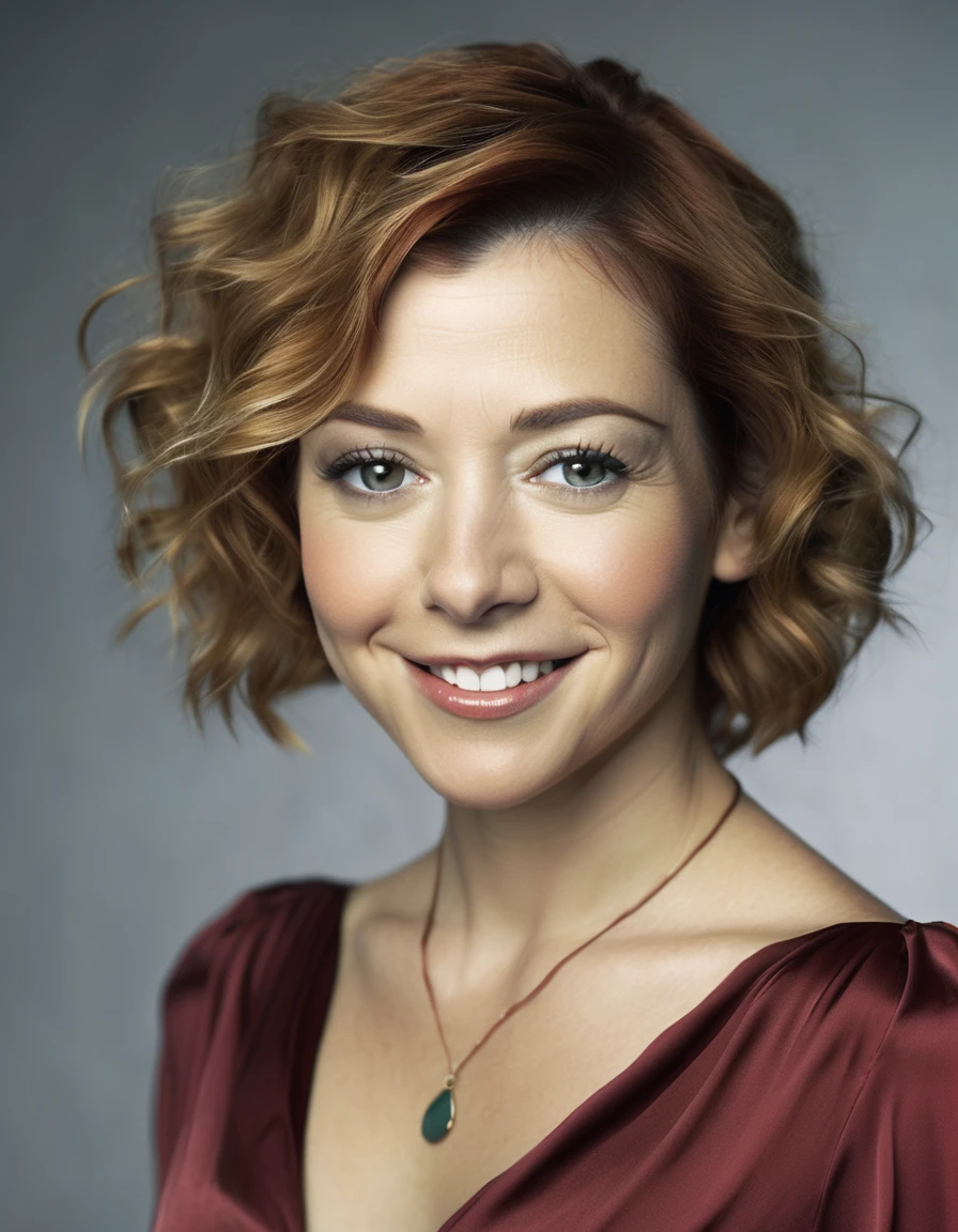 <lora:Alyson Hannigan V5:1.0> professional celebrity photography of a young and beautiful  alynhnnsnwllw woman, smiling, (symmetrical headshot:1.1), honest, RAW, cold tones, sharp, square shoulders, face focus, (skin pores:0.1), hyper detailed, subsurface scattering, caustics, in style of Platon shot on Canon EOS 5D Mark IV 24-70mm f/2.8 1/125s 400 Natural light, reflectors, wearing a satin blouse .