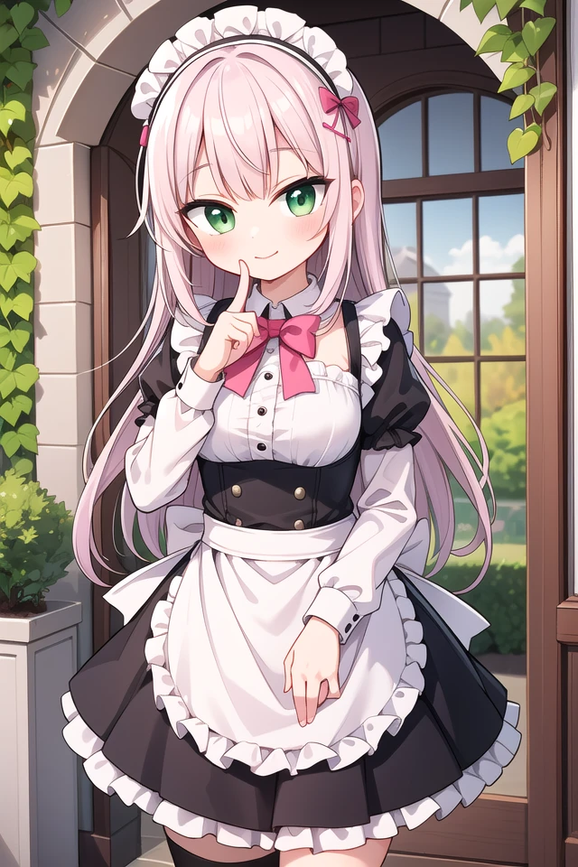 insanely detailed, absurdres, ultra-highres, ultra-detailed, best quality,
1girl, solo, nice hands, perfect hands,
BREAK
apron, blush, bow, bowtie, frilled apron, frills, long sleeves, maid, maid apron, maid headdress, waist apron, white apron
BREAK
smile, closed mouth
BREAK
(finger to mouth, shushing:1.2), index finger raised, cowboy shot, looking at viewer,
BREAK
slender, kawaii, perfect symmetrical face, ultra cute girl, ultra cute face, ultra detailed eyes, ultra detailed hair, ultra cute, ultra beautiful,
BREAK
day, flower, ivy, leaf, indoors, open door, plant, potted plant, vines, window,
BREAK
white (pink:1.2) hair, green eyes, long hair, medium breasts, bangs, eyebrows visible through hair,