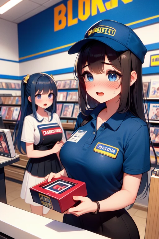 (((masterpiece, best quality, very aesthetic, absurdres))), (((2girls))), (((blockbuster))), (((red "R18" word logo))), ((clerk holding a video rental store goods)),blue cap, blue polo shirt, khaki pants, look at each other, indoor, counter, storefront, glass door, parted lips, guest in short dress, solo, 1girl, ribbon, sweat, shy, blush, open mouth, moist skin, pretty face, big tits, slim figure, <lora:girllikeblockbuster:1>