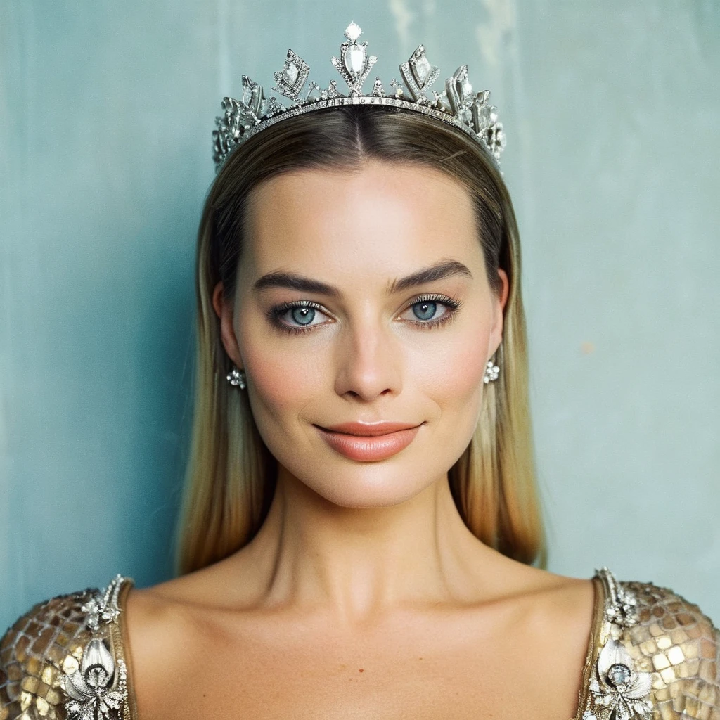 (Skin texture),High quality,Closeup face portrait photo, analog, film grain, actress dressed as a medieval queen with a delicate diamond tiara,regal, bright smile,   (maxrobbie),  <lora:marobbie_32_small_xl_5_standard_wo_cap-merger-25_41_58_02_05_03-maxrobbie:1.05>