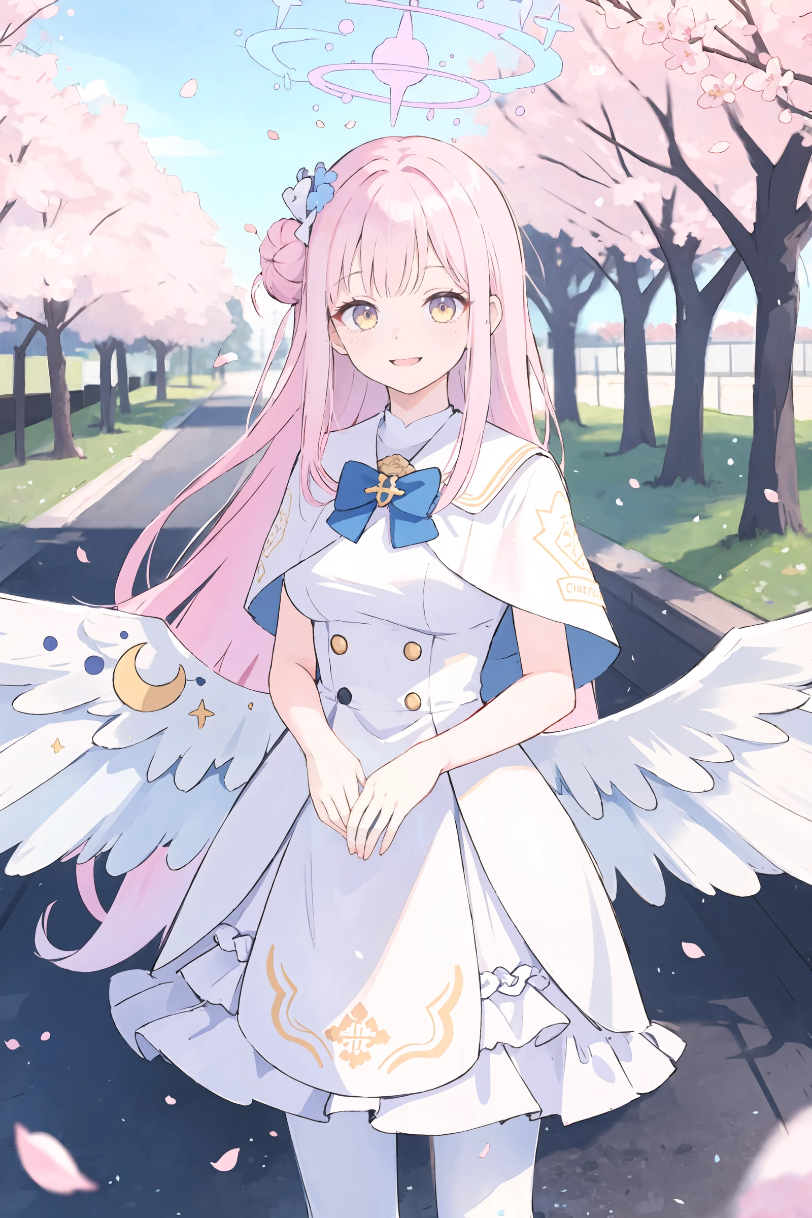 1girl, mika \(blue archive\), solo, halo, wrist scrunchie, low wings, hair flower, white dress, single side bun, white pantyhose, capelet, blue bowtie, standing, cowboy shot, light smile, looking at viewer, outdoors, street, cherry blossoms, petals, depth of field