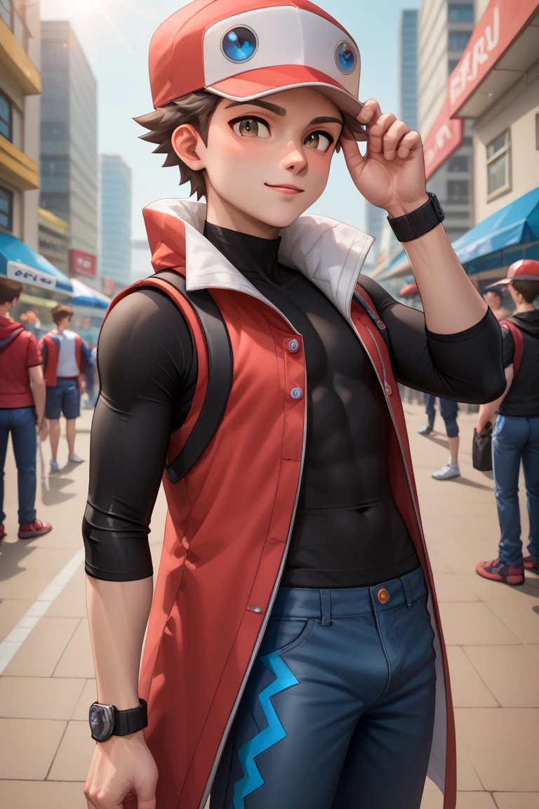 score_9, score_8_up, score_7_up, score_6_up, score_5_up, score_4_up, Red_masters, Red with white baseball cap, brown eyes, brown hair, red sleeveless coat, long sleeve black shirt, blue pants,amazing quality, best aesthetic, absurdres<lora:EMS-340778-EMS:1.000000>