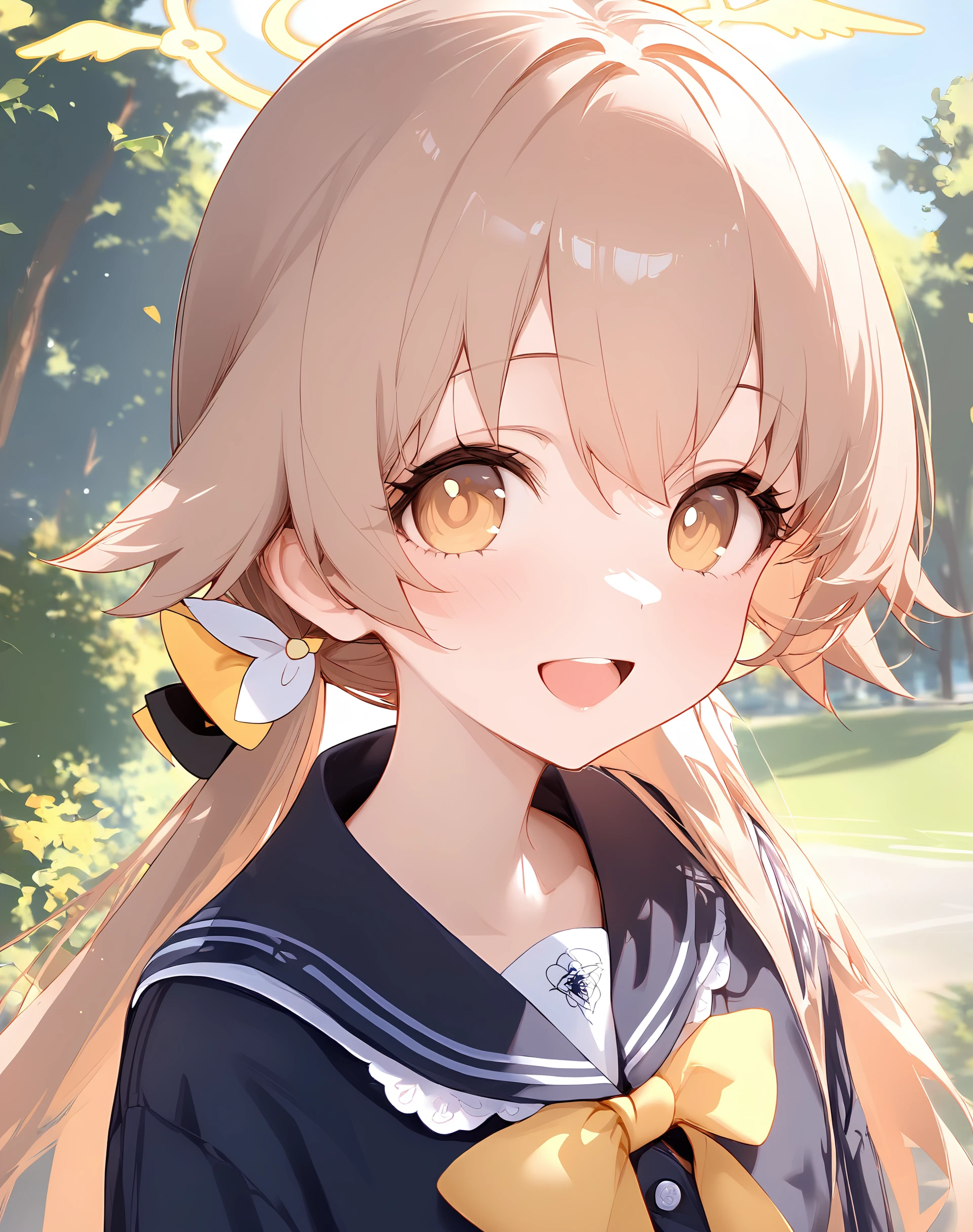 1girl,
hifumi \(blue archive\), solo,outdoors, trees,:d,smile,looking at viewer, halo,portrait,
masterpiece,best quality,absurdres,
<lora:delta_style_koni-000022:1>