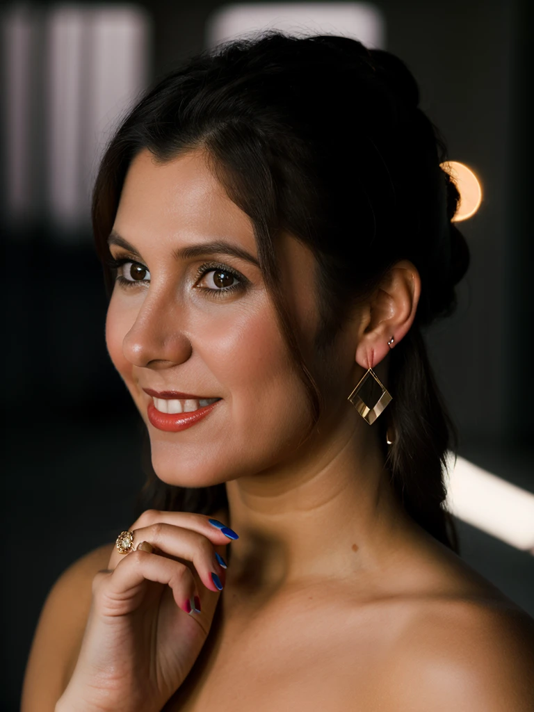 A beautiful c4rr13f,1girl, solo, smile, black hair, jewelry, earrings, nail polish, mole, realistic,soft lighting, professional Photography, Photorealistic, detailed, RAW, analog, sharp focus, 8k, HD, high quality, masterpiece<lora:c4rr13f:1.0>