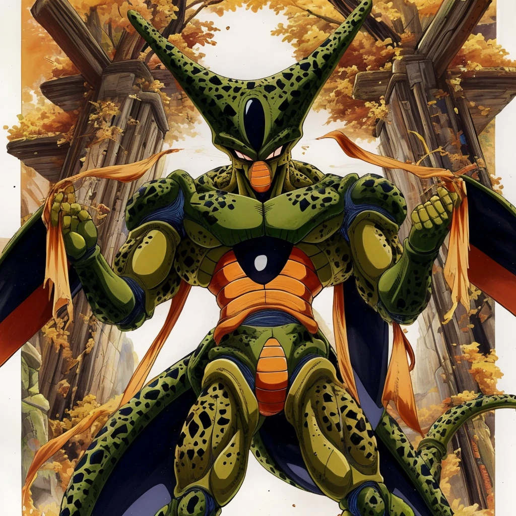 score_9, score_8_up, score_7_up, score_6_up, score_5_up, score_4_up,
vivid colors, 8K, hi-fi,
evil, imperfect cell, villain, green skin, android, robot, indomitable, intricate detailed eyes, slit eyes, masterwork anime illustration, perfect proportions, secluded forest valley, powerful muscular body, looking at viewer, 
((in the style of the Dragonball Z, ))
((in the style of and art by Akira Toriyama, )),
<lora:ImperfectCell:1>