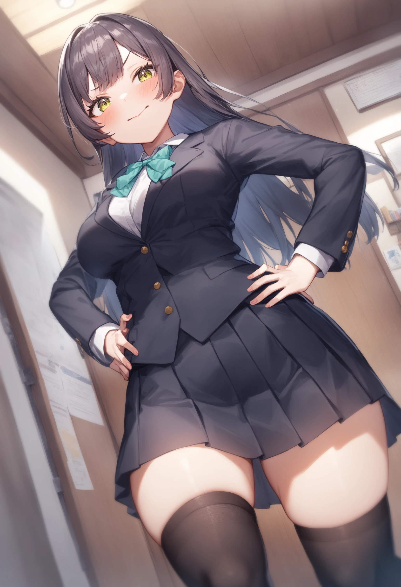 One Girl, Five Fingers, mini skirt, Looking down at the viewer, Twin tails, Highest quality, Focus on the thighs, Dynamic pose, smile, blazer, blouse, Black Pantyhose, panties under pantyhose, Standing Split, classroom, Black Hair, Stylish pose,My thighs and groin are steamy
