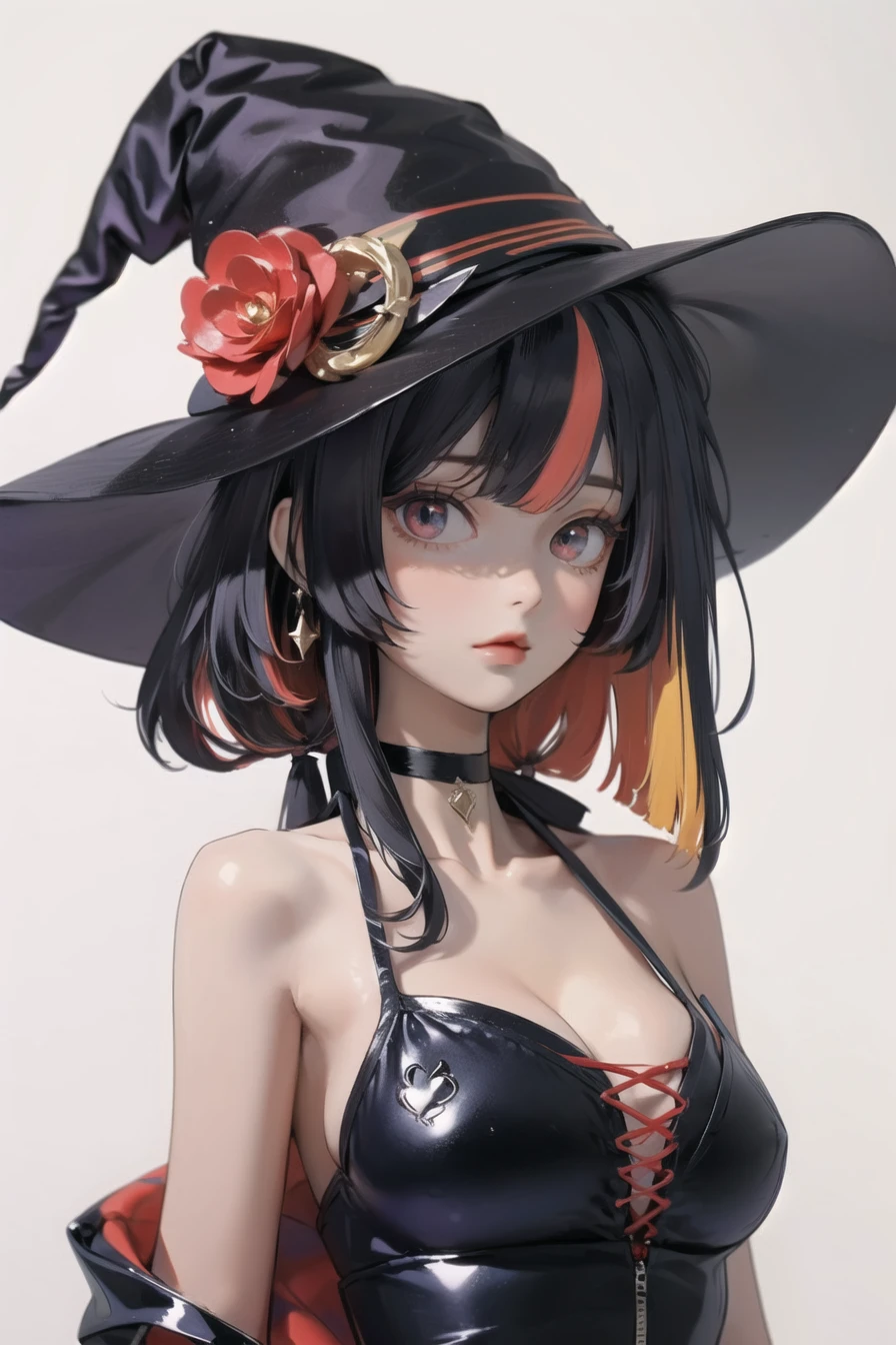 (masterpiece),best quality,portrait,three-quarter view,eye focus,1girl,breasts,black choker,upper body,large breasts,multicolored hair,cleavage,swimsuit,witch hat,dress,